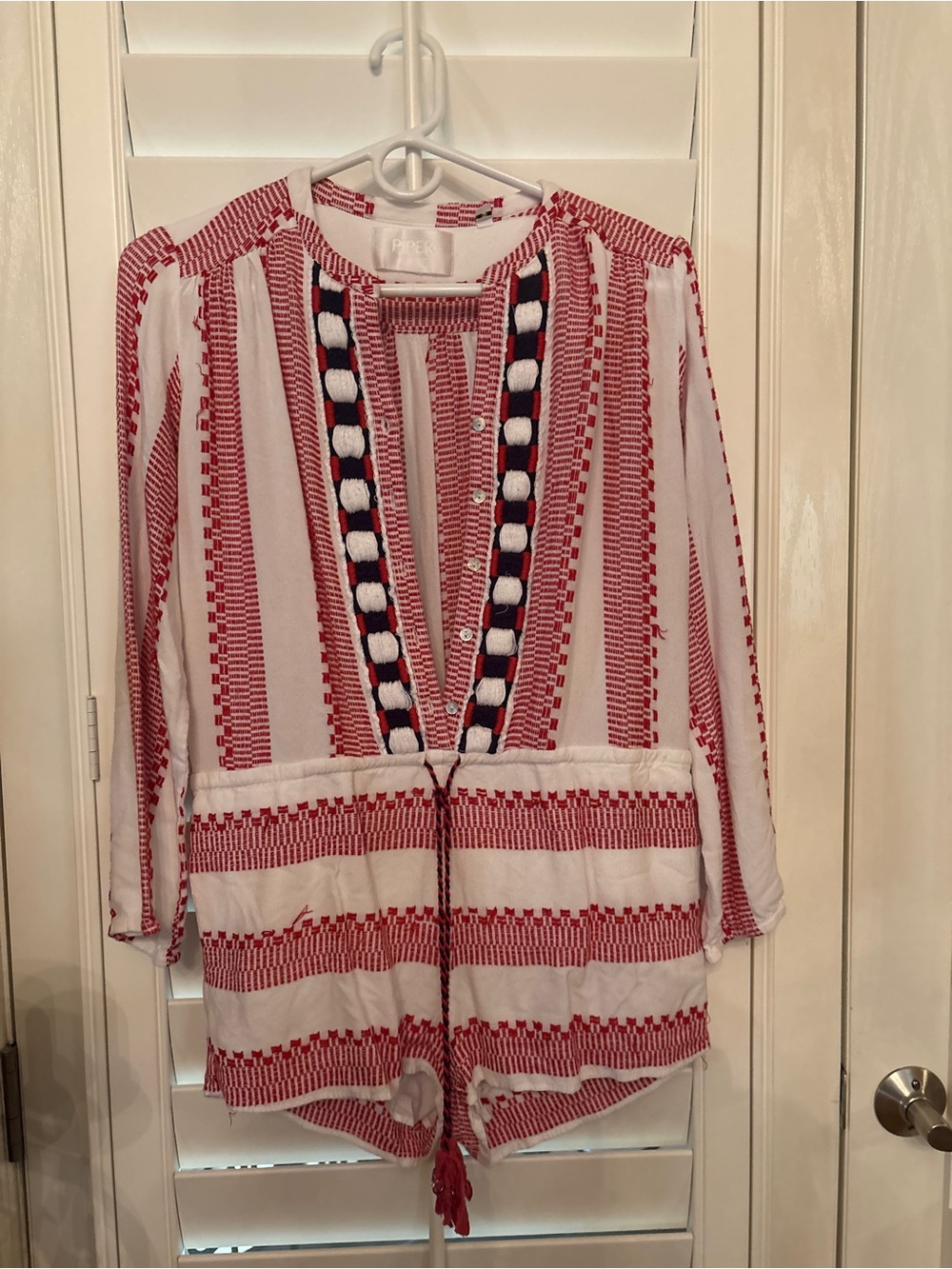 Piper Red and White Striped Embroidered Tunic with Contrast Trim